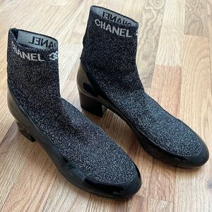 Chanel knit and patent leather boots
